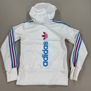 adidas White Hoodie with Blue and Pink Stripes